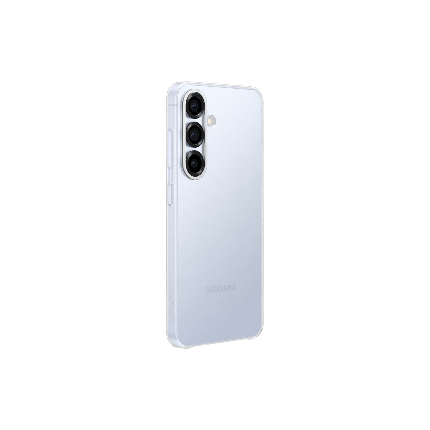 Achteraanzicht van een blauwe telefoon met drie camera's. Samsung logo zichtbaar.