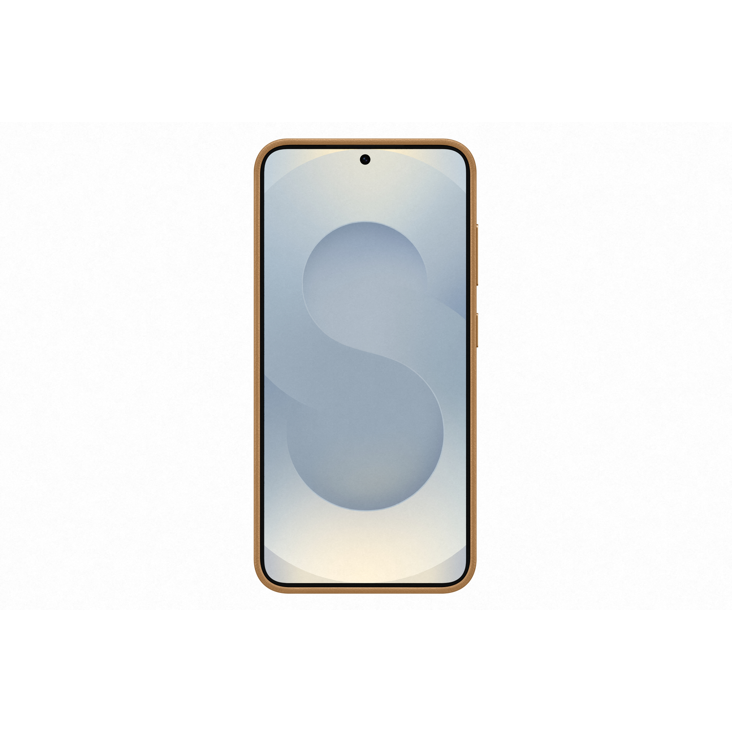 Telefoonscherm met een witte 'S'-vorm op een lichte achtergrond, bruine rand.