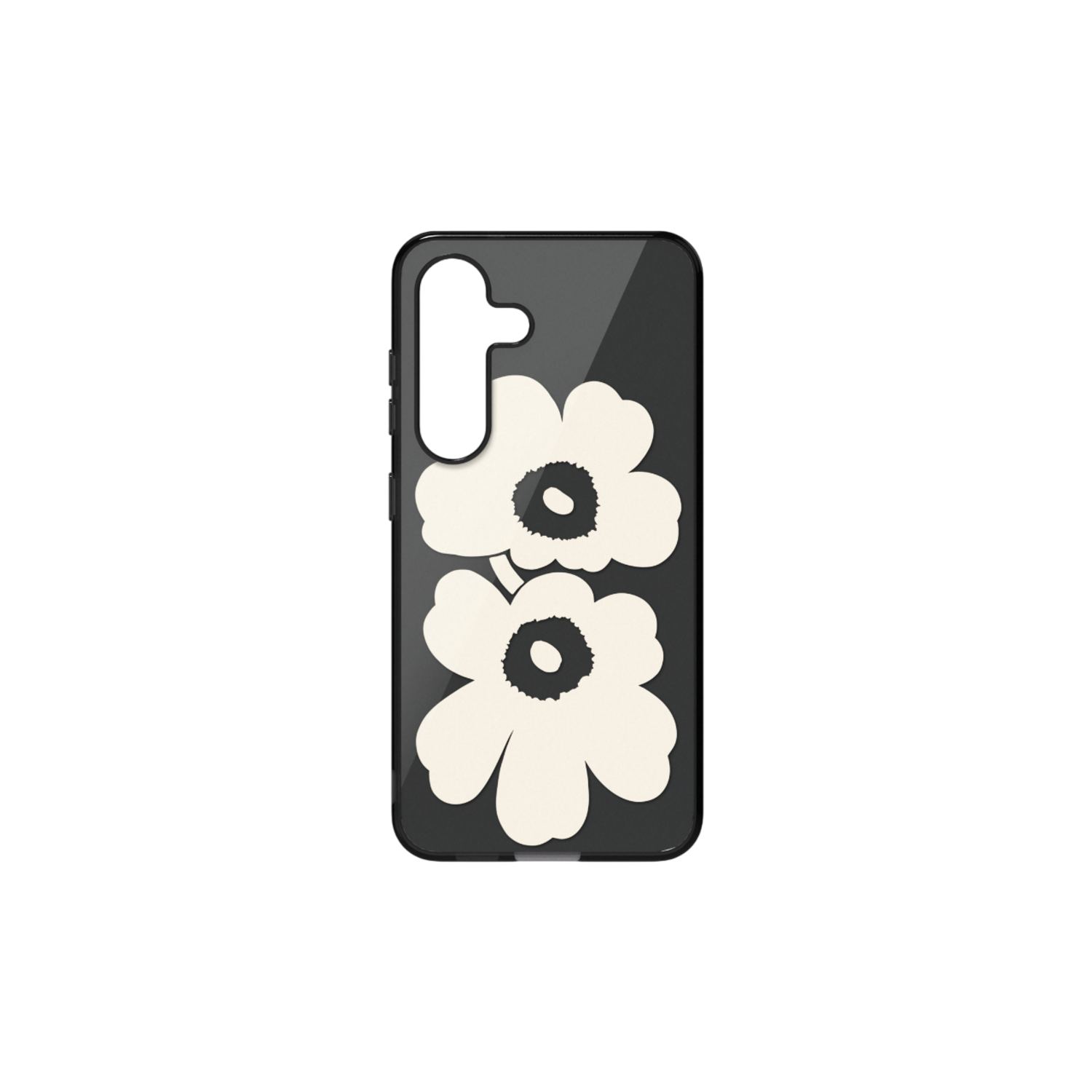 Telefoonhoesje met twee witte bloemen op transparante achtergrond, zwarte rand. Zwarte achtergrond.