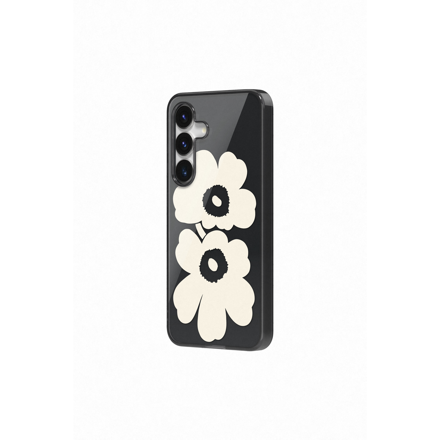 Zwarte telefoonhoes met witte bloemenprint en drie camera's.