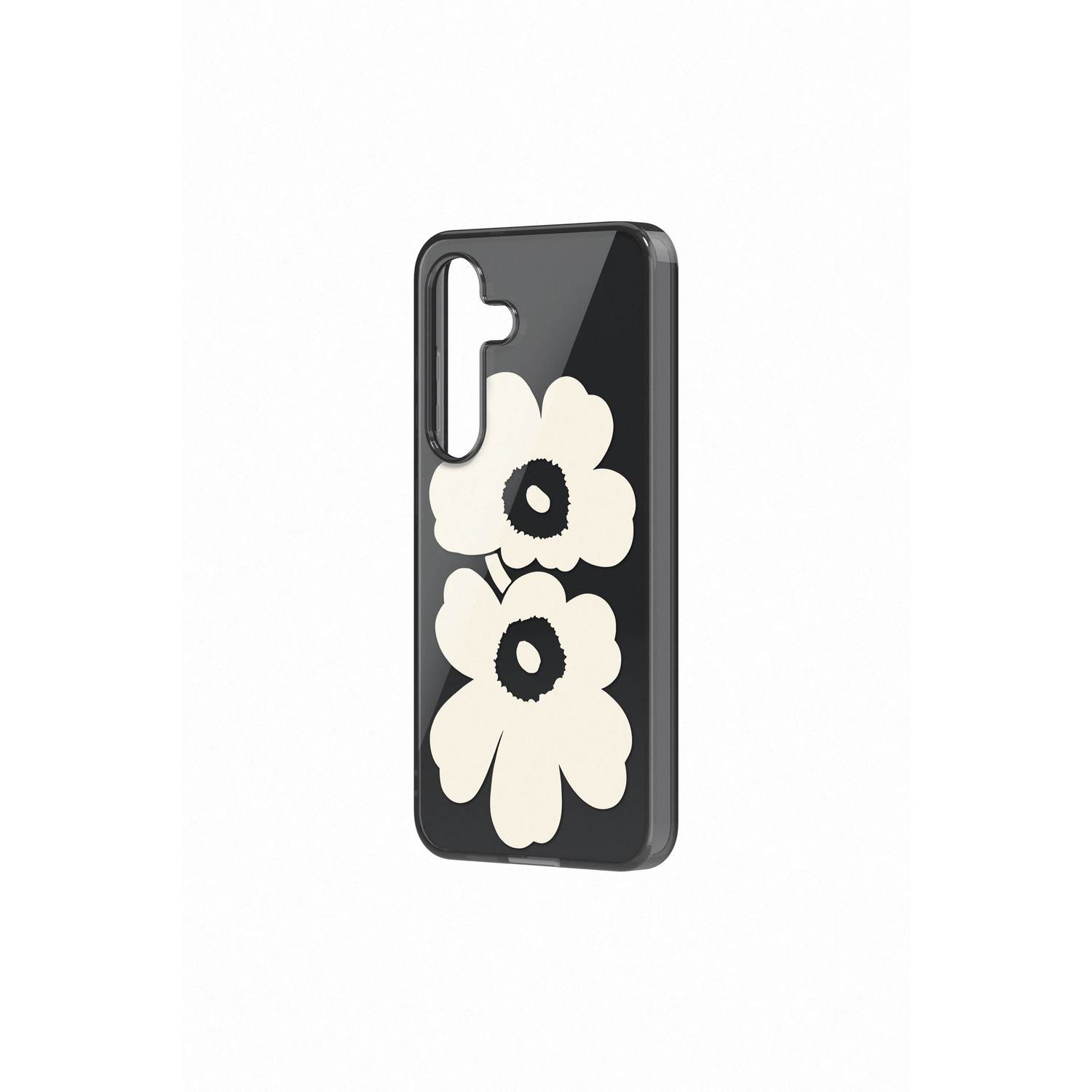 Zwarte telefoonhoes met een wit bloemmotief. De telefoonhoes staat op een witte achtergrond.