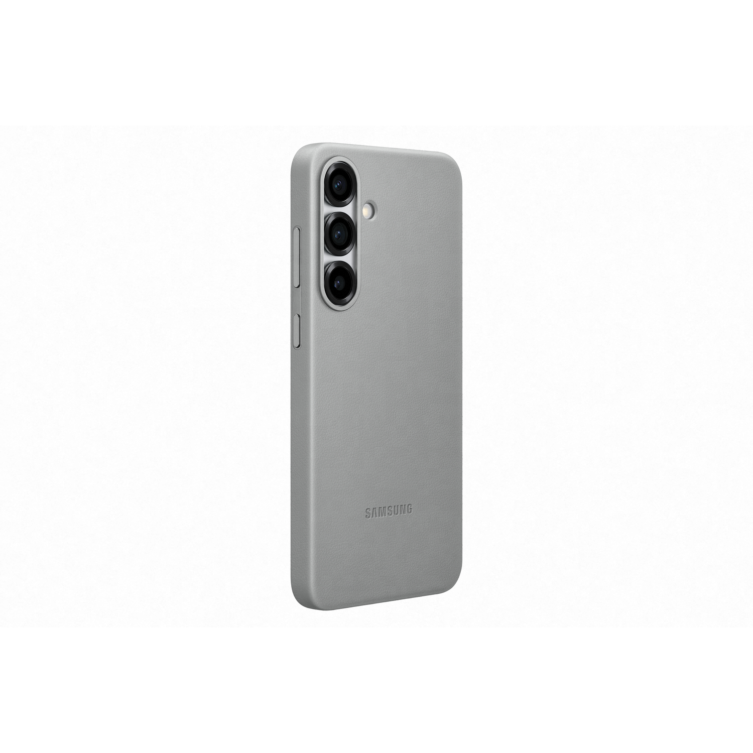 Een lichtgrijze smartphone, van achteren gezien, met drie camera's. Het SAMSUNG-logo is zichtbaar.
