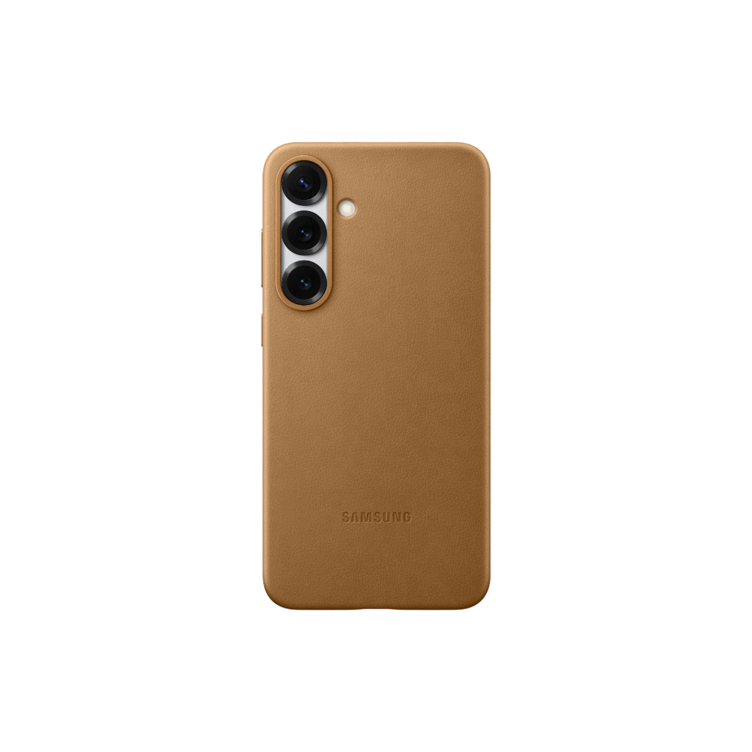 Bruine Samsung telefoon achterkant. Drie camera's. Samsung logo. Zwarte achtergrond. Lederachtige textuur.