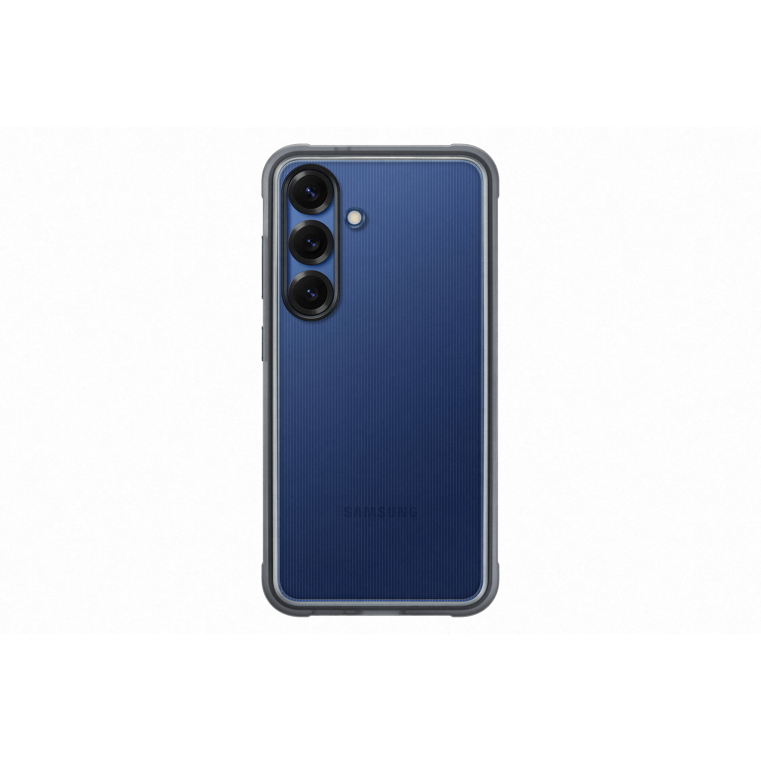 Blauwe telefoon met een doorzichtige hoes, drie camera's zichtbaar. Witte achtergrond.