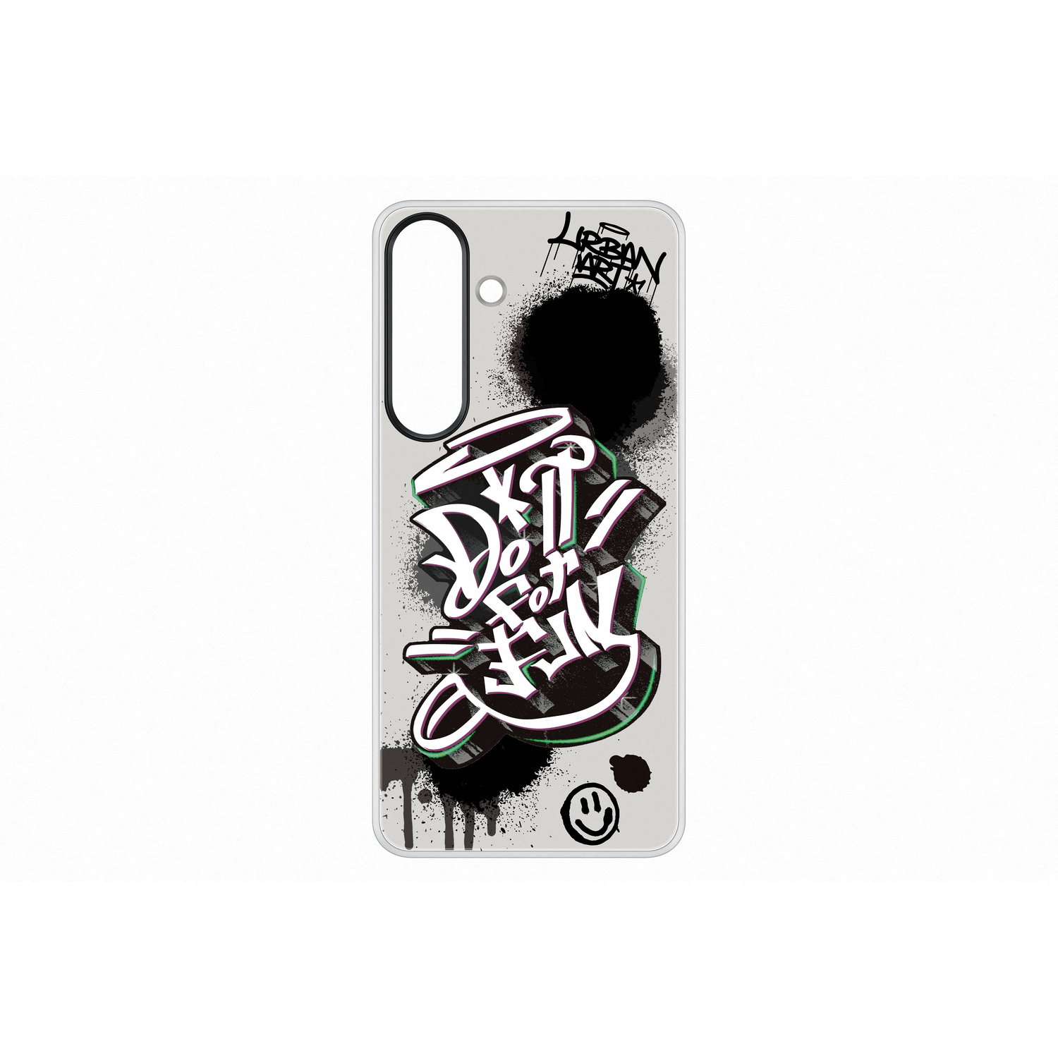 Smartphone hoesje met graffiti ontwerp. Een witte hoes met zwarte en groene graphics.