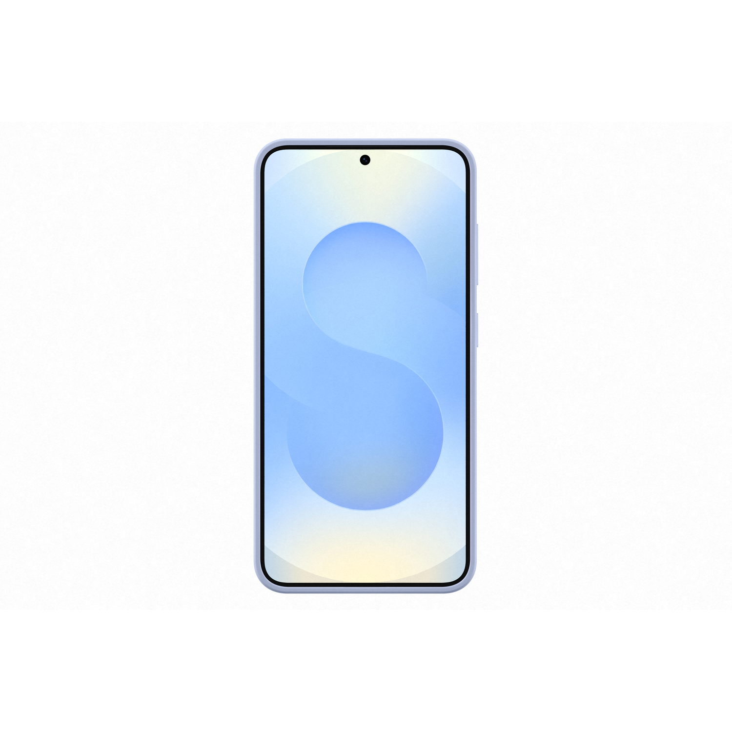 Telefoon, blauwe rand, scherm toont blauwe S op blauwe achtergrond.