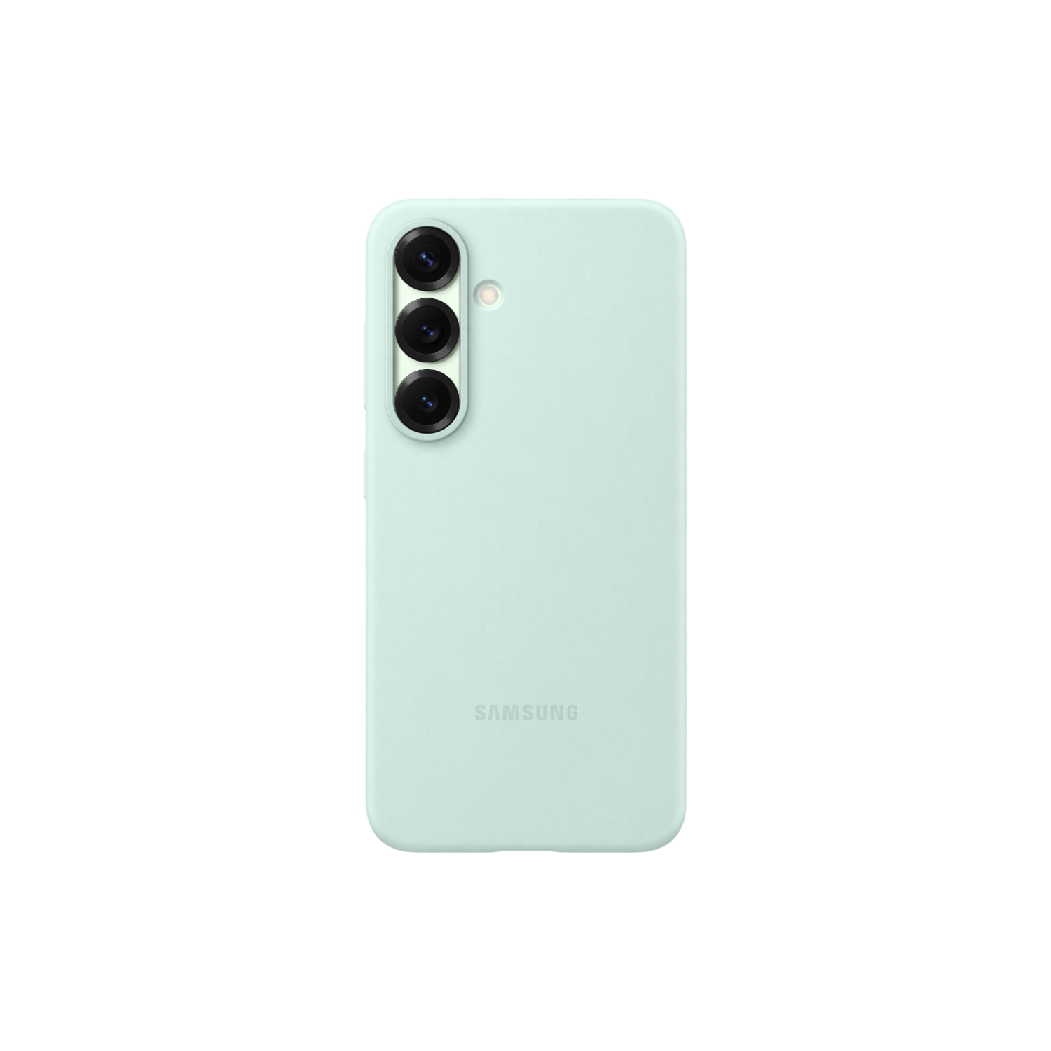 Muntkleurige telefoonhoes. Drie cameralenzen op de achterkant, met Samsung-logo. Zwarte achtergrond.
