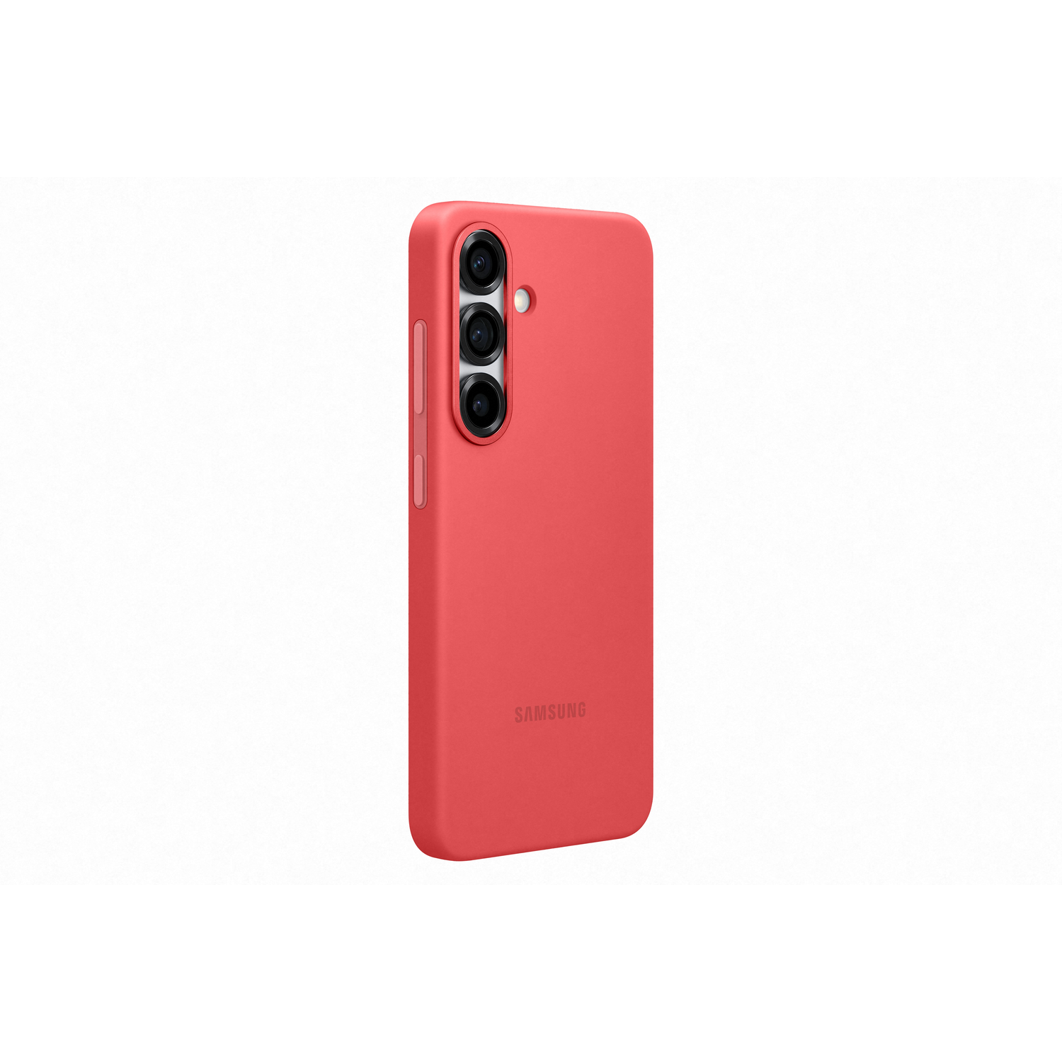 Rode telefoonhoes. Samsung-logo onderaan. Drie cameralenzen aan de zijkant.