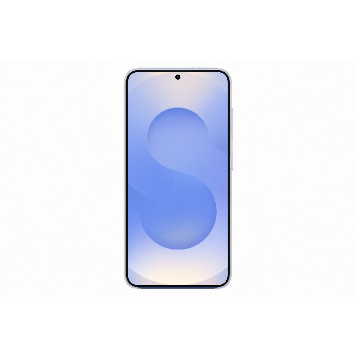 Smartphone met een gebogen scherm dat een blauwe 'S' toont. Lichtblauw frame zichtbaar.