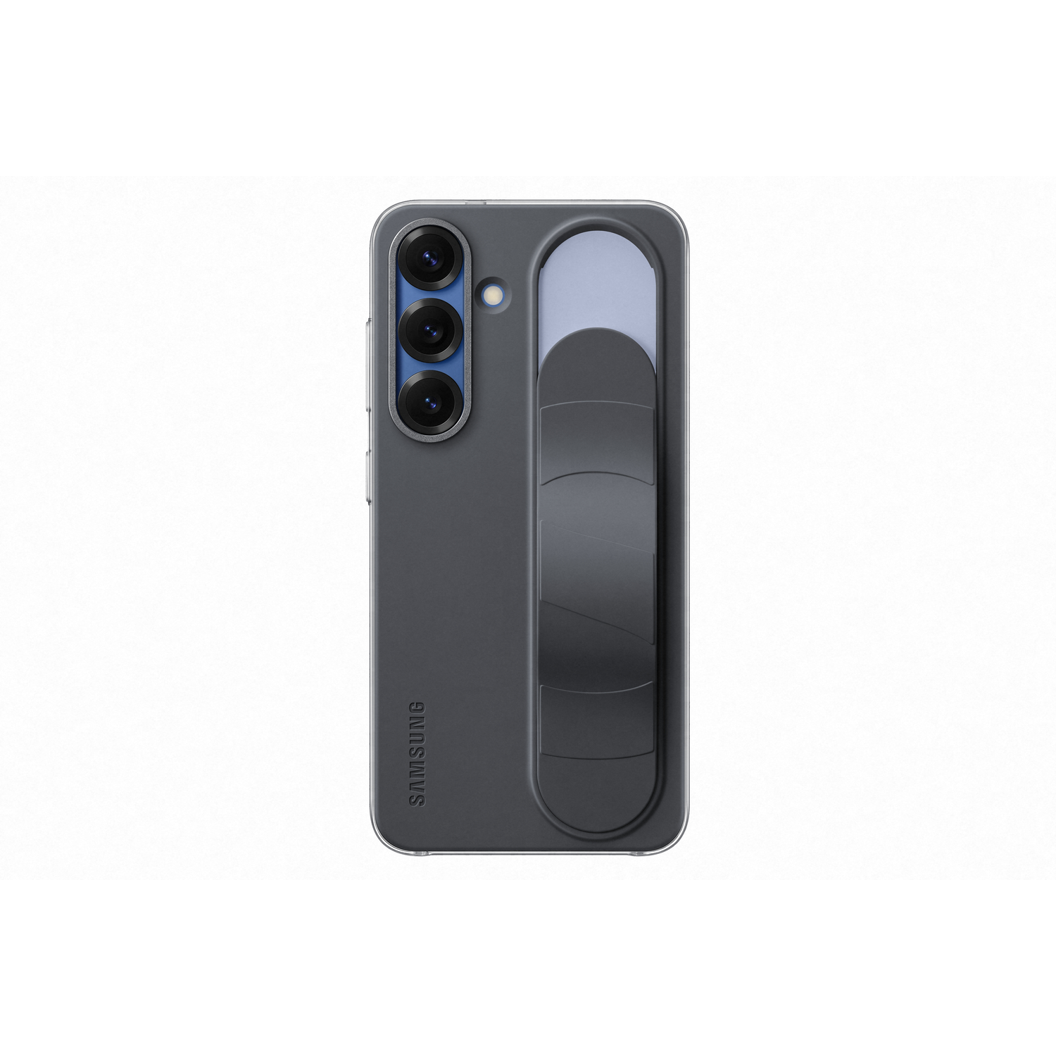 Achterkant van een grijze telefoon met hoesje en grip. Drie camera's zichtbaar. Witte achtergrond.