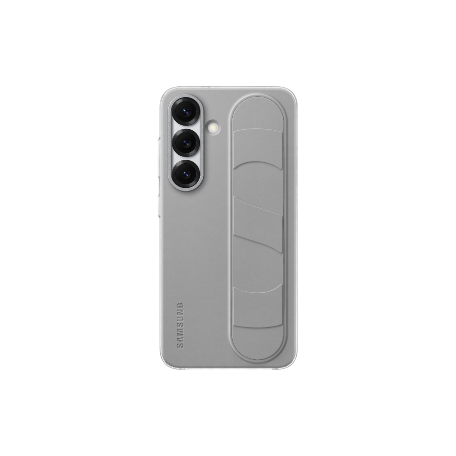 Grijze telefoonhoes met een uniek ontwerp. Voorzien van drie camera's en een grip. Zwarte achtergrond.
