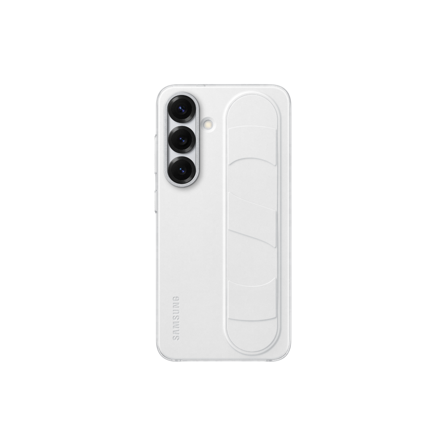 Witte telefoonhoes met camera en getextureerde grip. SAMSUNG staat onderaan.