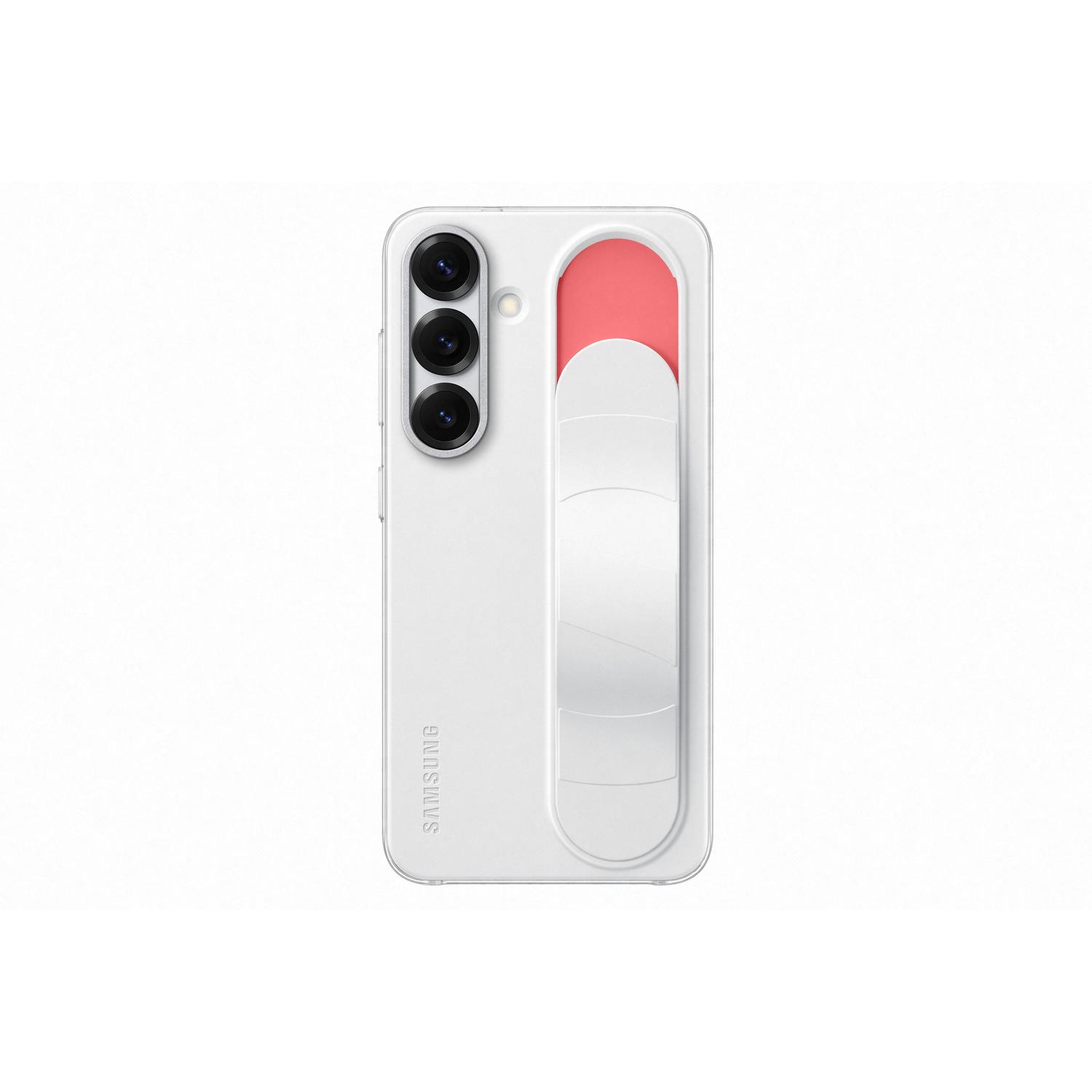 Een witte smartphone met een drievoudige lenscamera en een roze/witte standaard. De achterkant is zichtbaar op een witte achtergrond.