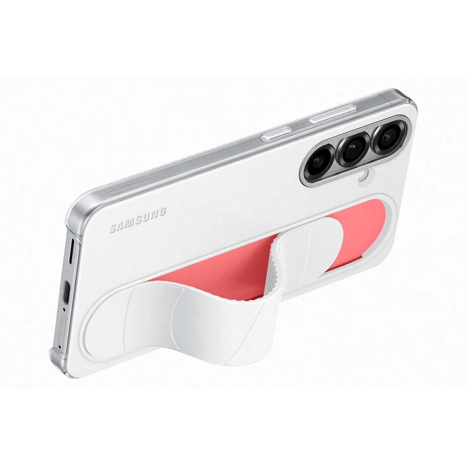 Witte telefoon met hoesje. Een rode grip is zichtbaar. Drie camera's linksboven.