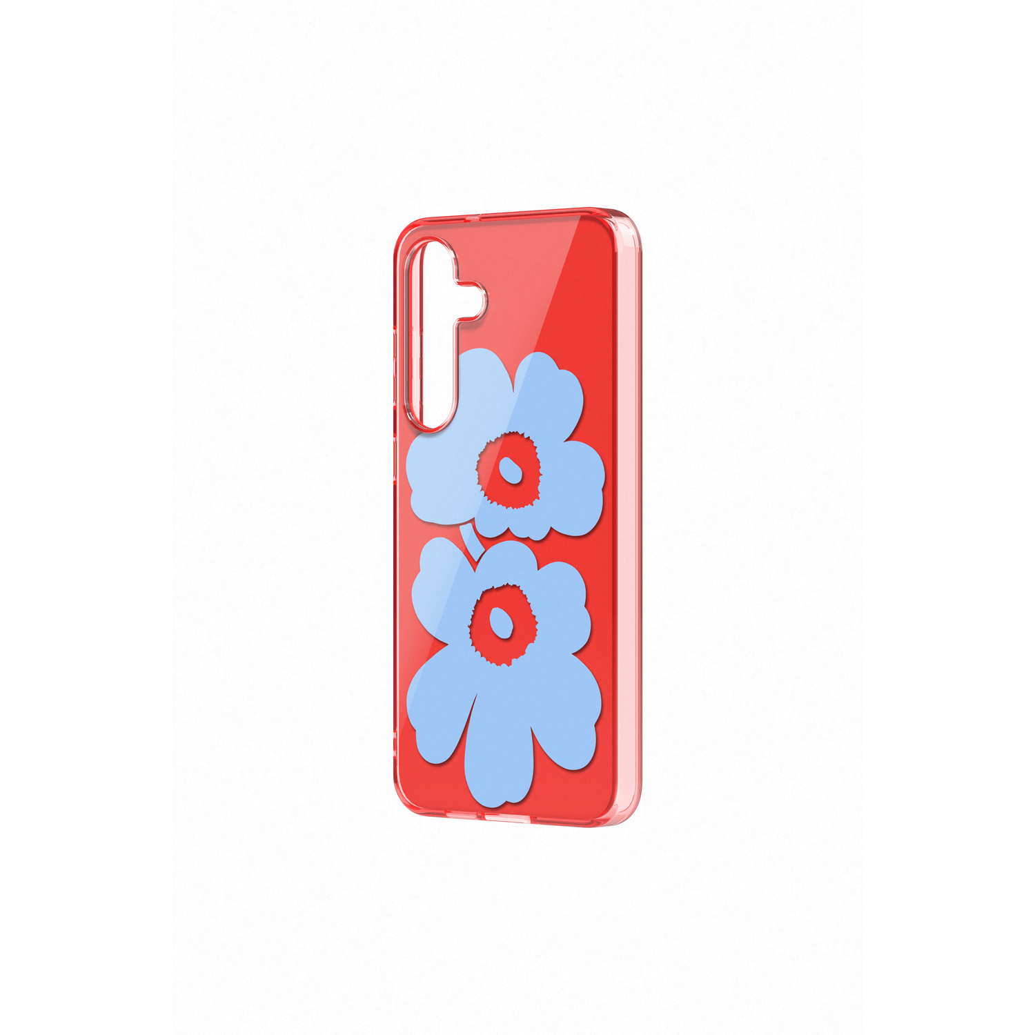 Een rode telefoonhoes met twee blauwe bloemmotieven.