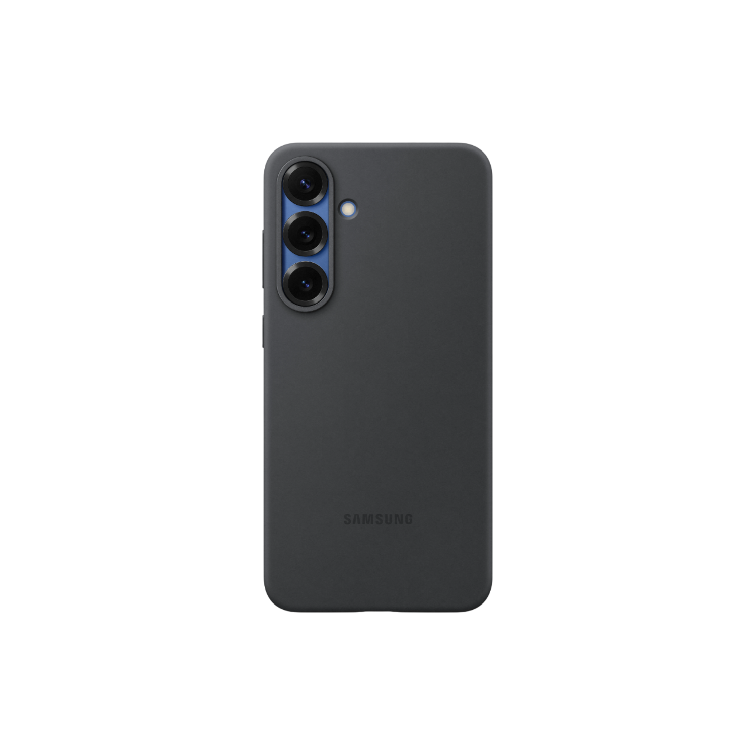 Donkergrijze achterkant van Samsung telefoon. Drie lenzen en Samsung logo zichtbaar.