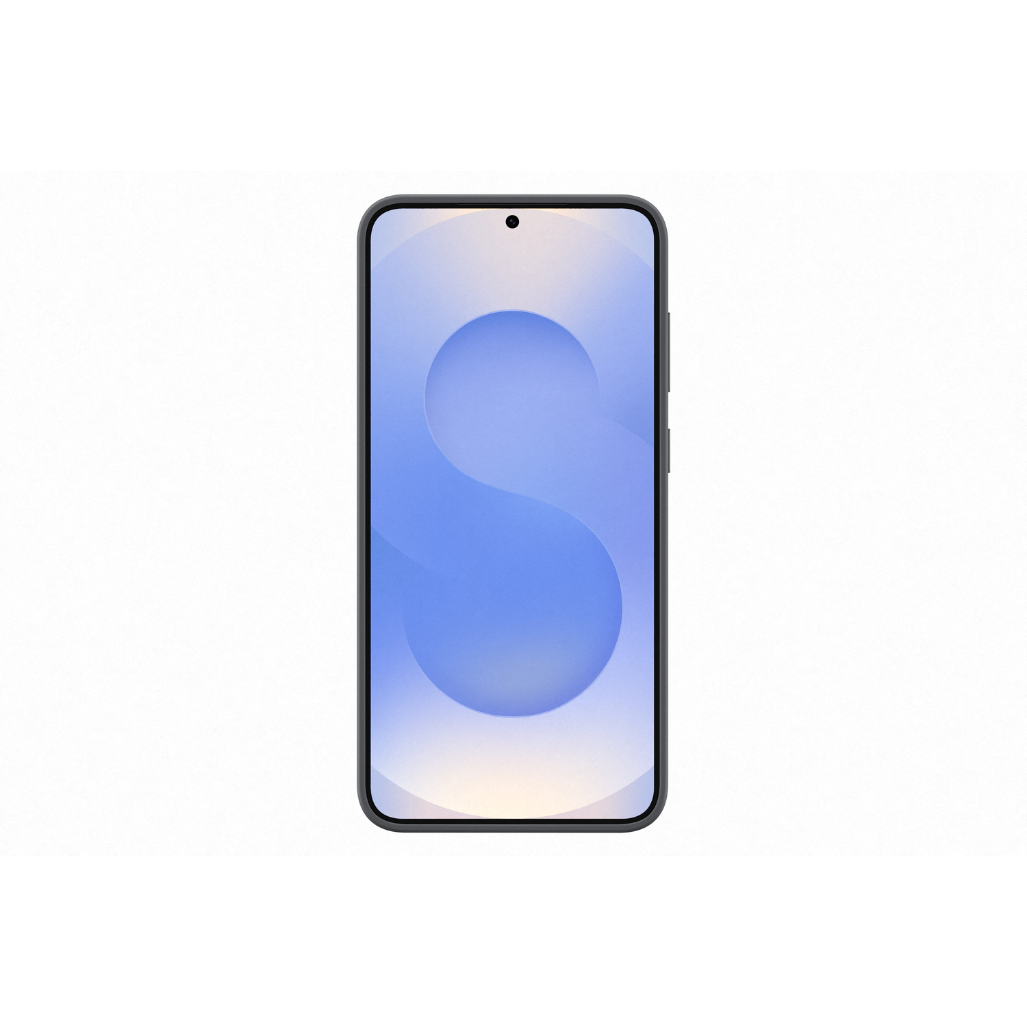Een zwarte smartphone met een groot scherm, met een blauw en wit abstract ontwerp.