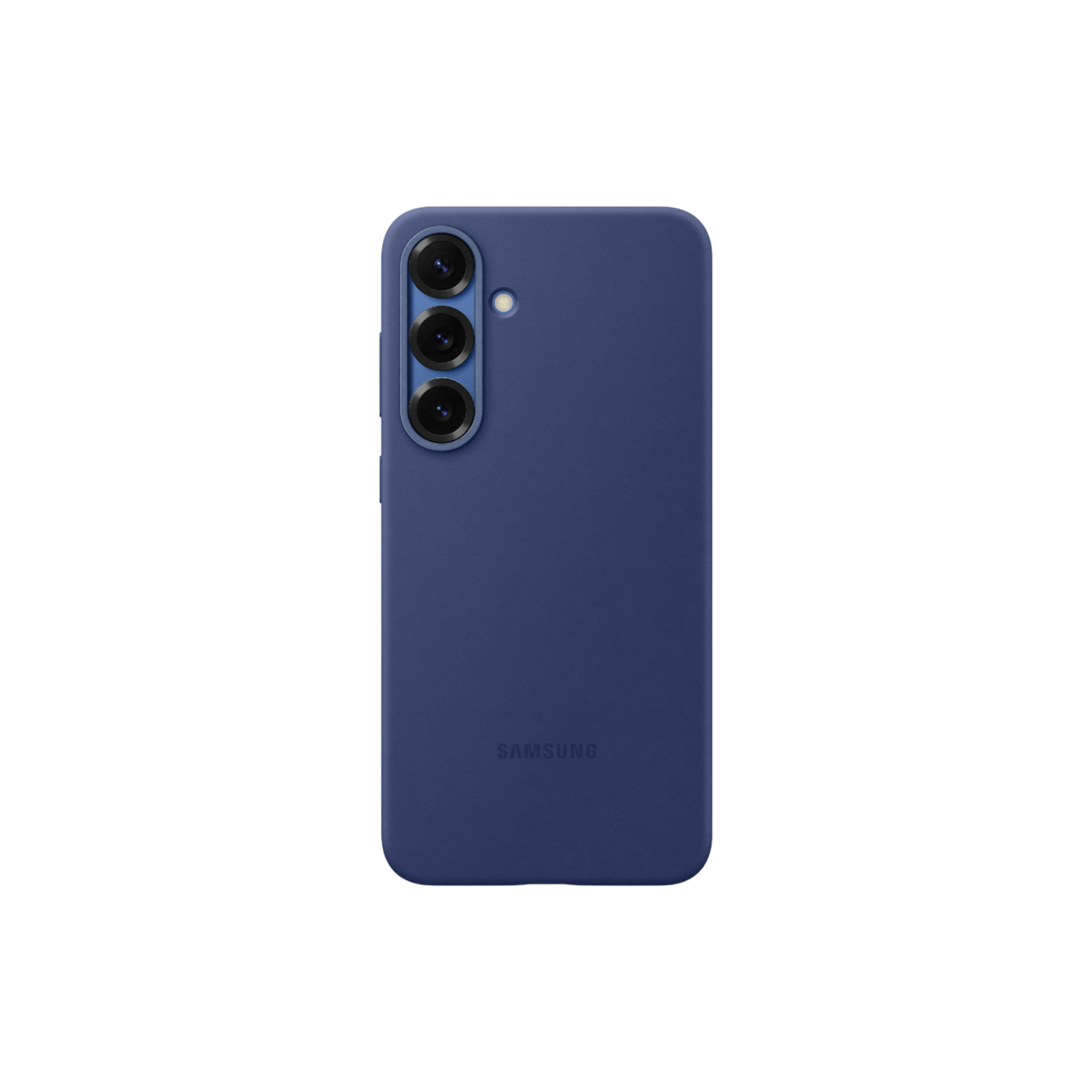 Marineblauwe telefoonhoes met drie camera's en een Samsung logo.