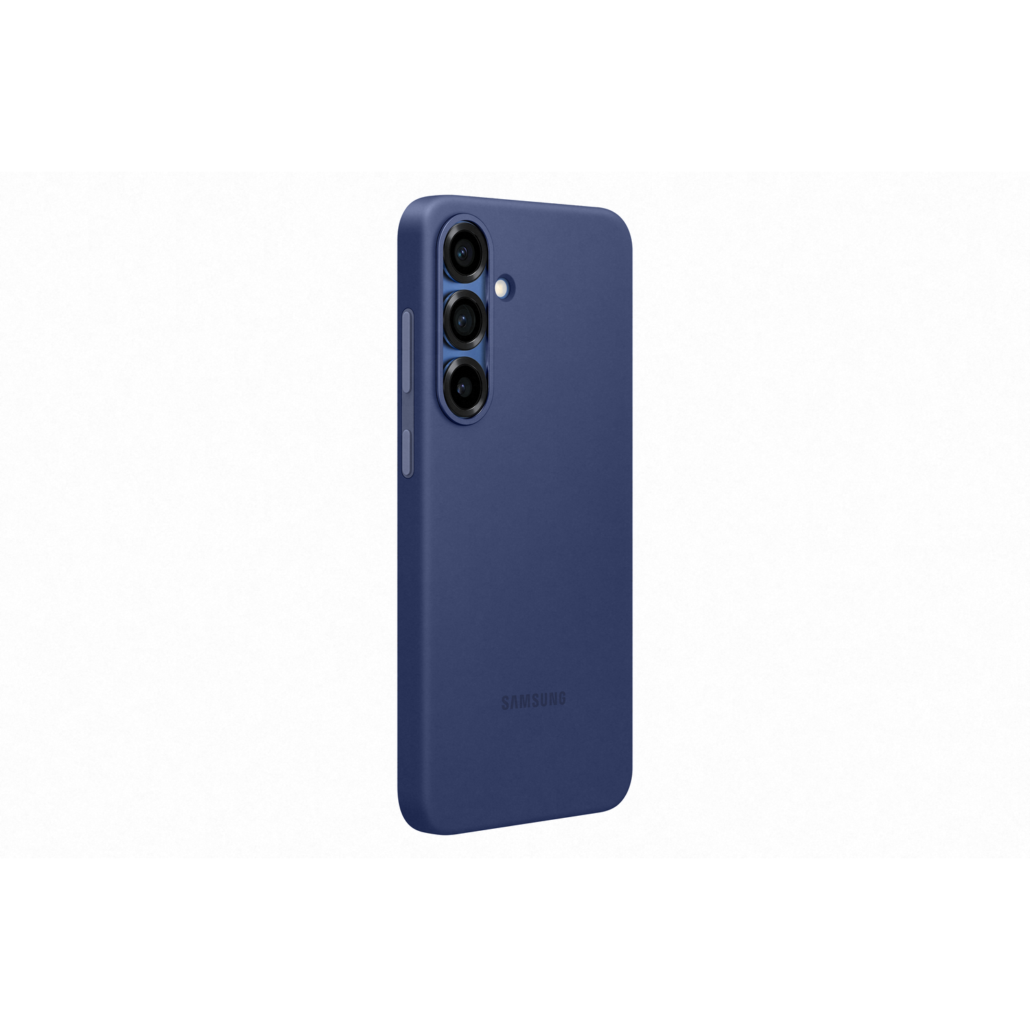 Een blauwe telefoonhoes met drie cameralenzen. De hoes heeft een Samsung-logo.