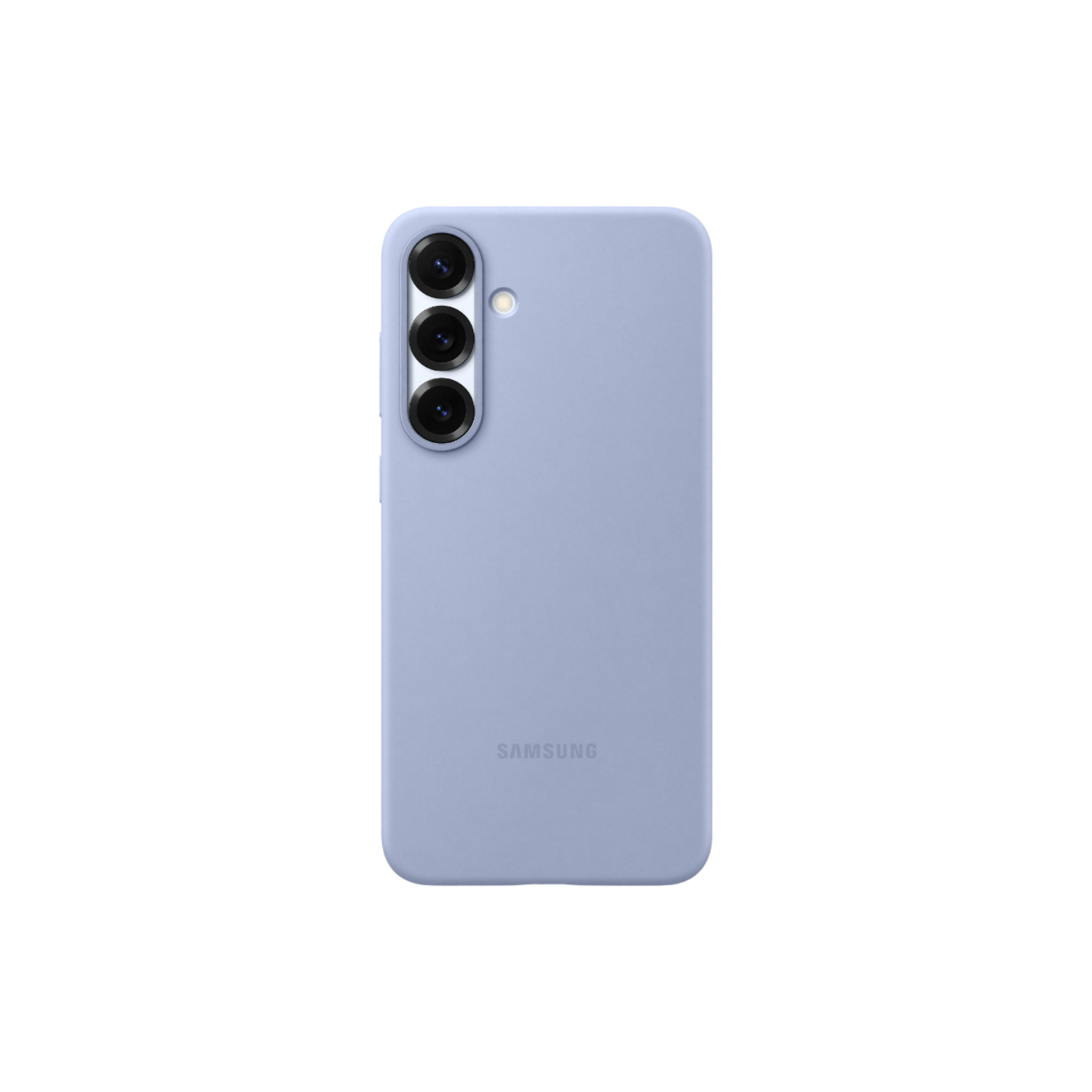 Lichtblauwe telefoonhoes met drie cameralenzen. Het Samsung-logo staat onderaan.
