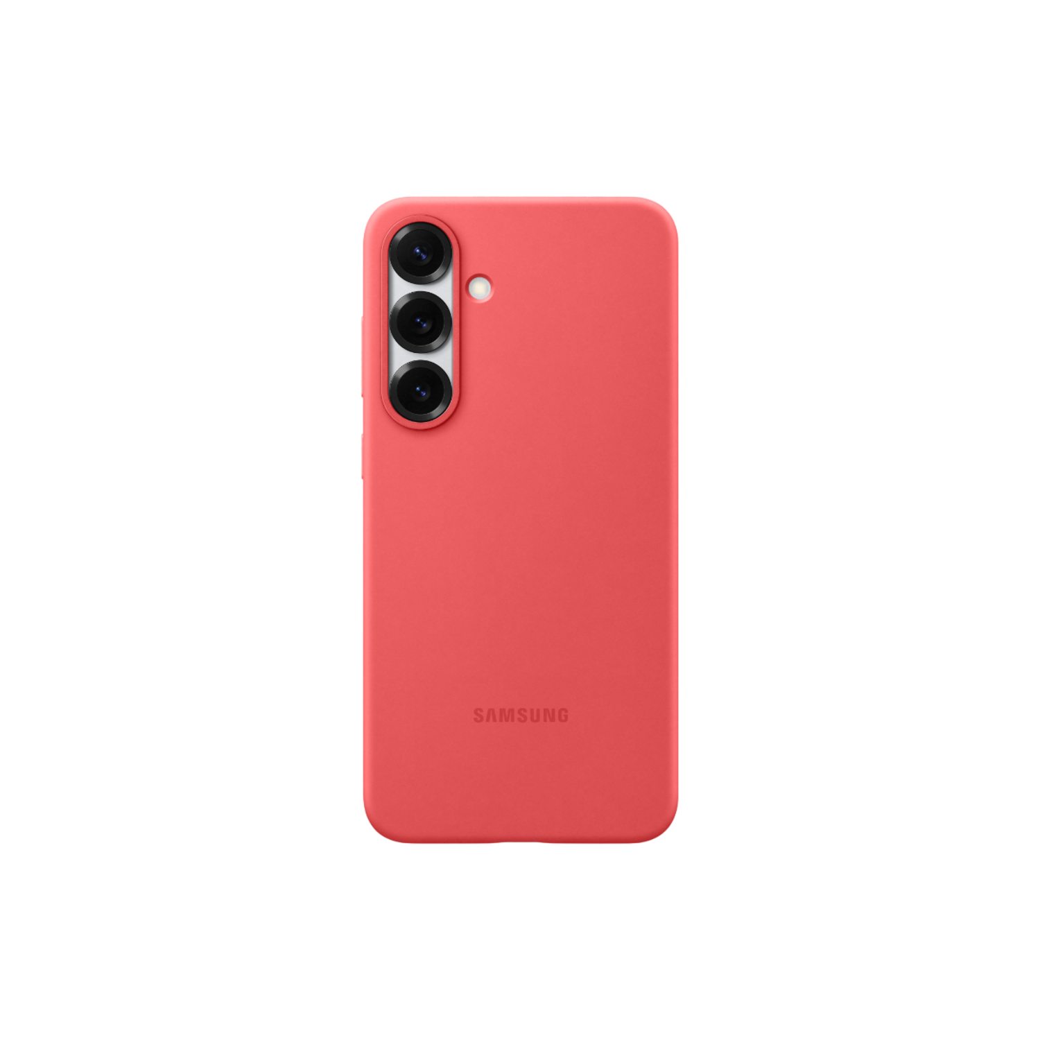 Rode telefoonhoes met uitsparingen voor drievoudige camera. Het Samsung-logo is zichtbaar.