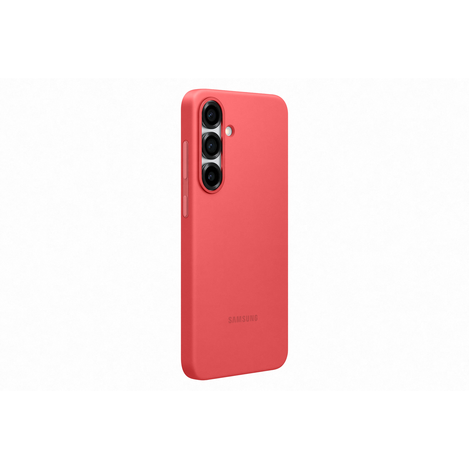 Een rode telefoonhoes met drie camera's en het Samsung-logo. De hoes is effen van kleur.