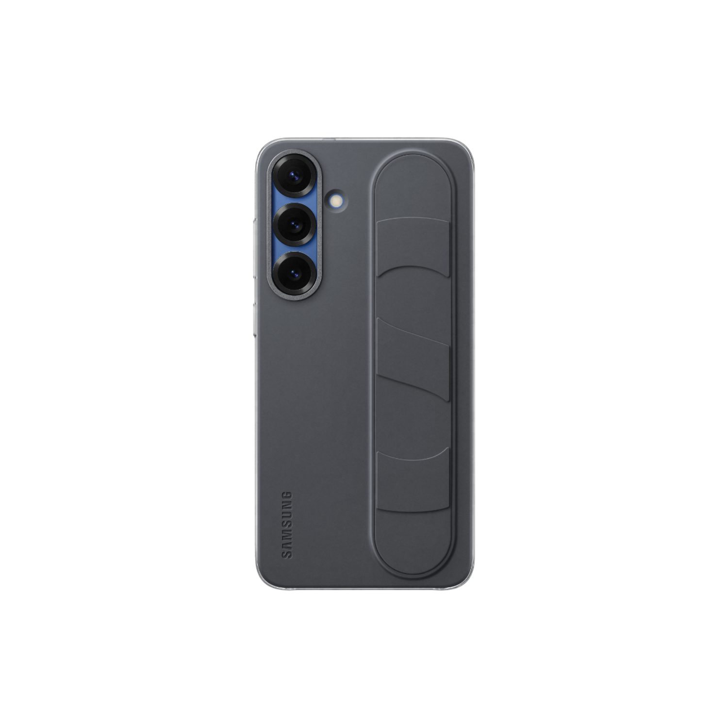 Donkergrijze telefoonhoes met cameralenzen en grip. Samsung logo onderaan. Zwarte achtergrond.