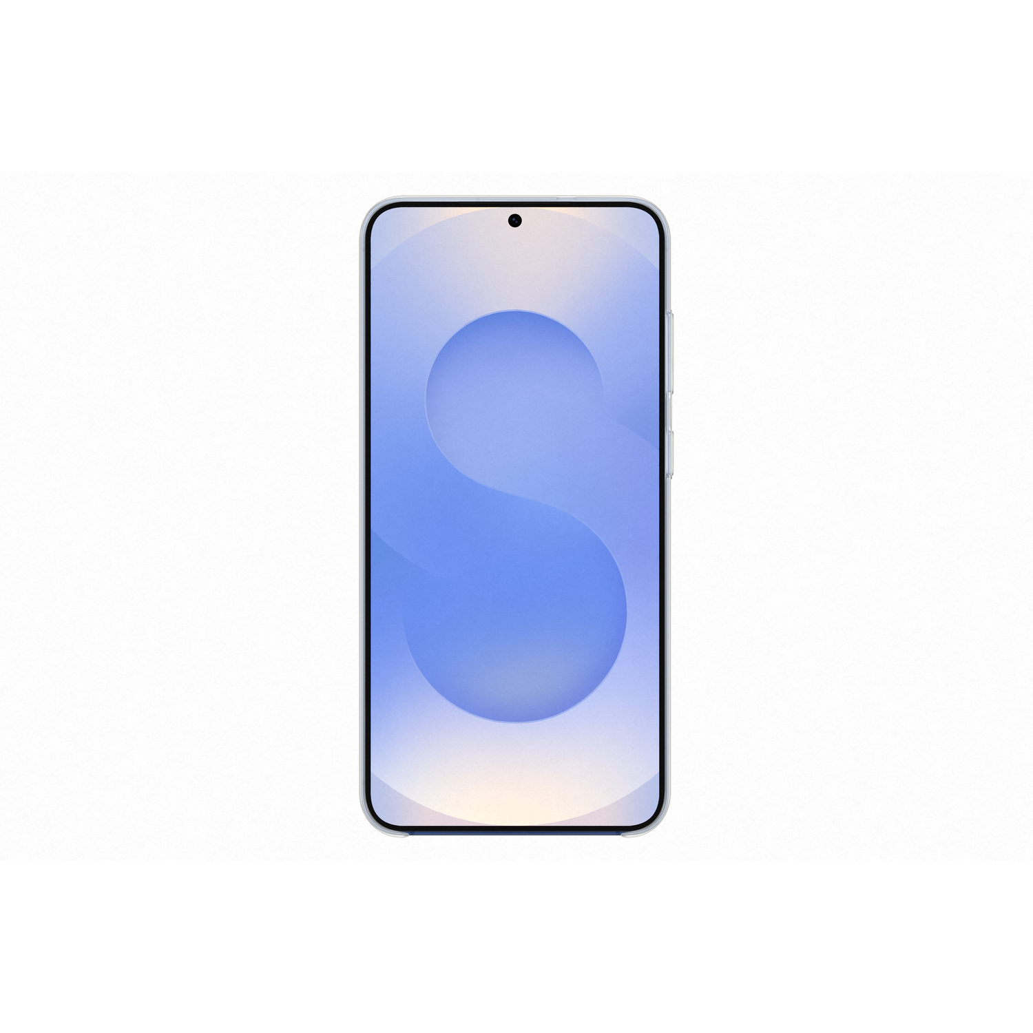 Smartphone met lichtblauw scherm, met een witte 'S'-vorm, zwarte rand.
