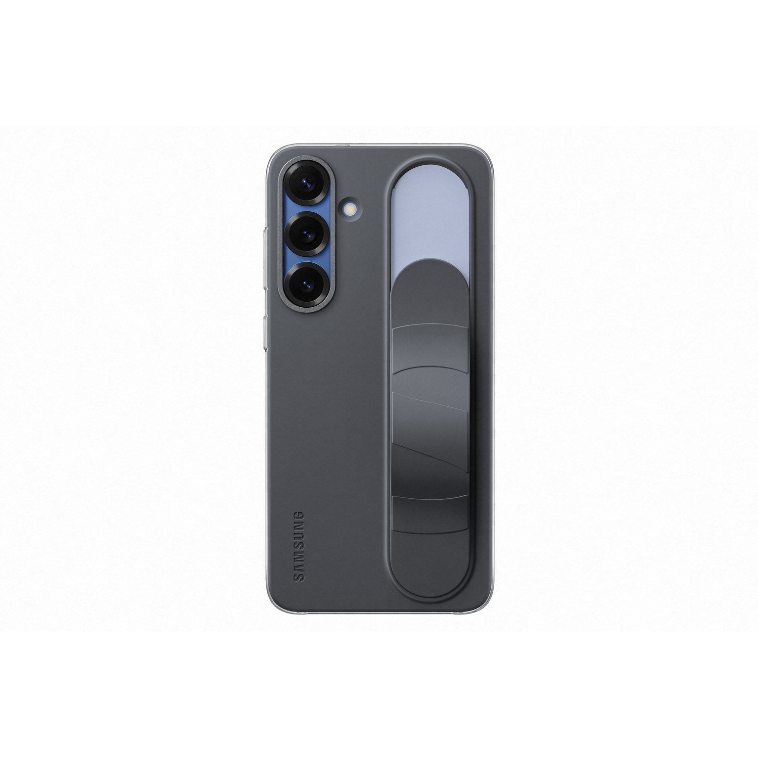 Een donkergrijze telefoonhoes met een houder en drie camera's aan de achterkant en het Samsung-logo.