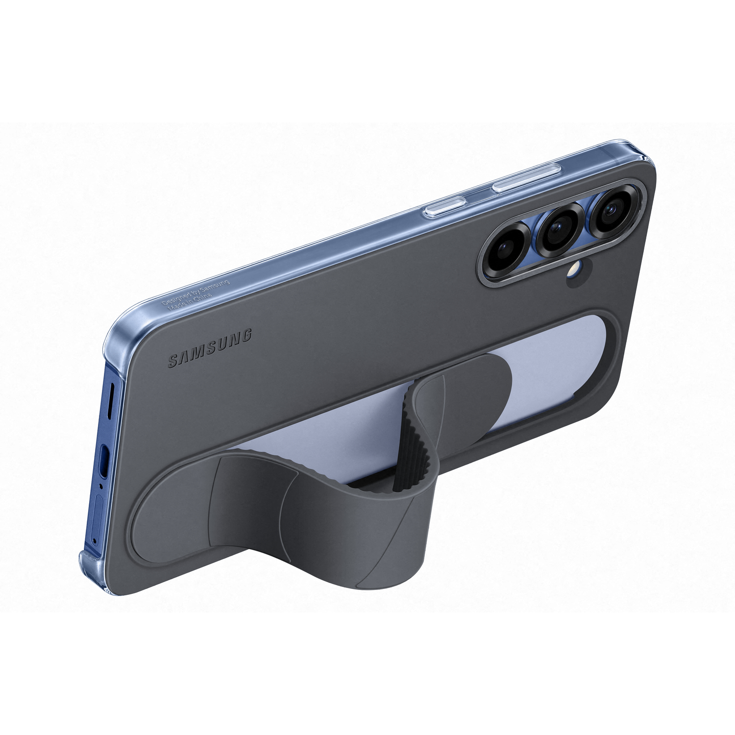 Grijze telefoonhoes met handgreep. Blauwe rand. Samsung-logo op de achterkant.