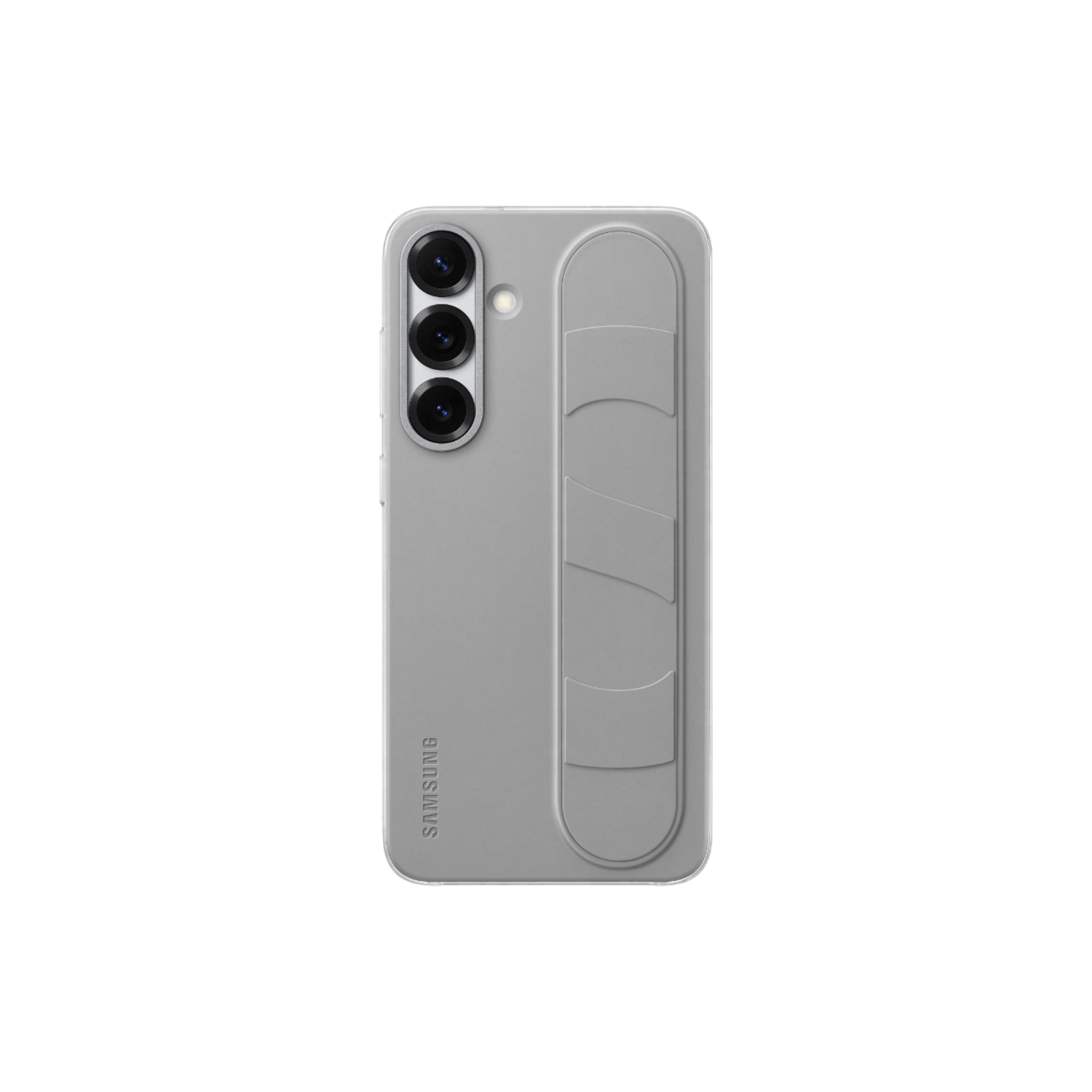 Een grijze Samsung-telefoonhoes met drie cameralenzen en een gripstrip.