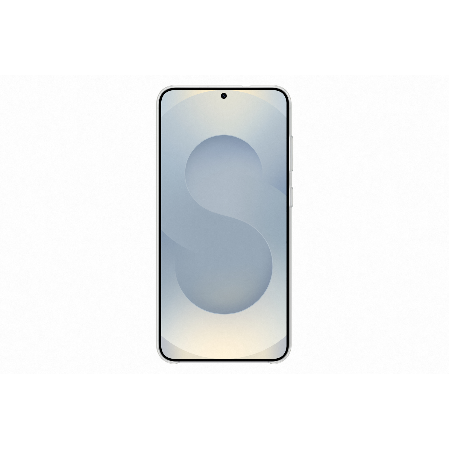 Voorkant van smartphone. Toont een lichtblauw, golvend ontwerp op een witte achtergrond.