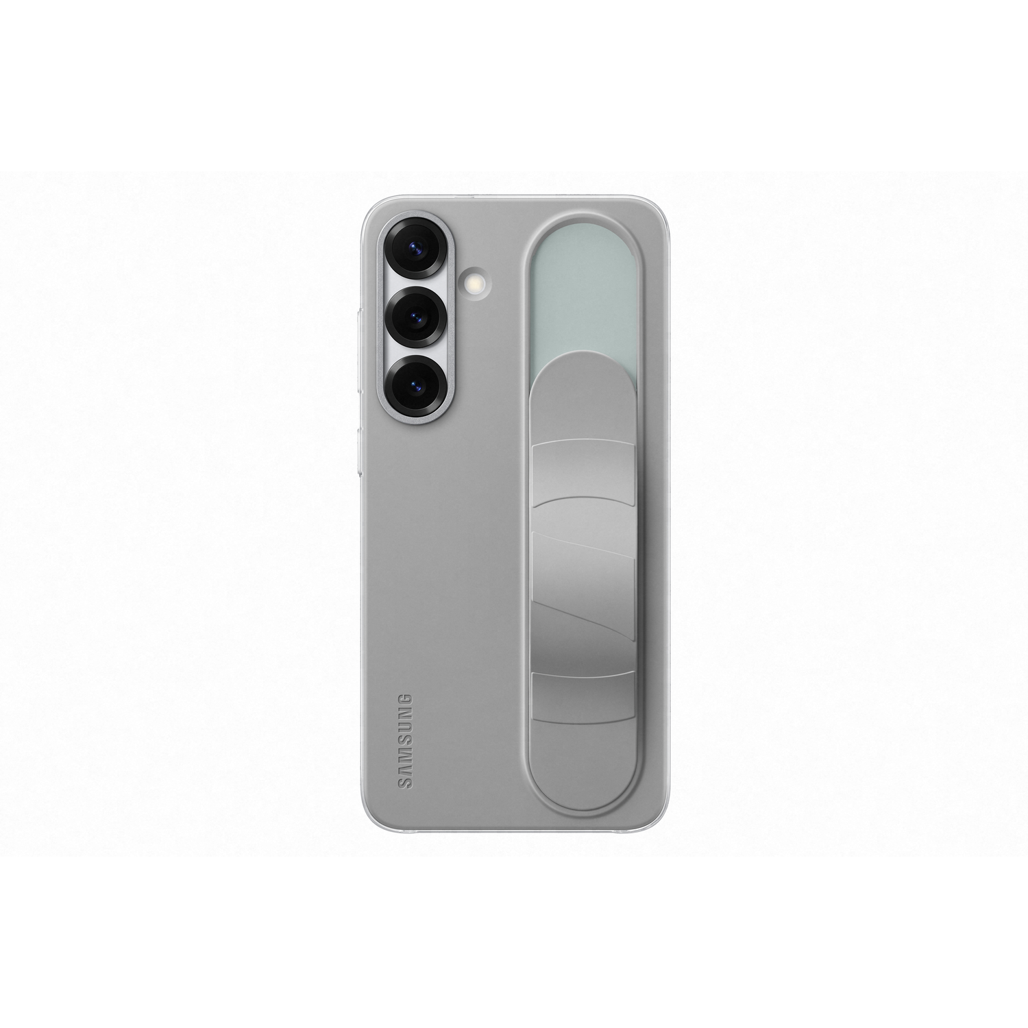 Grijze telefoonhoes met cameralenzen en een zilveren grip.