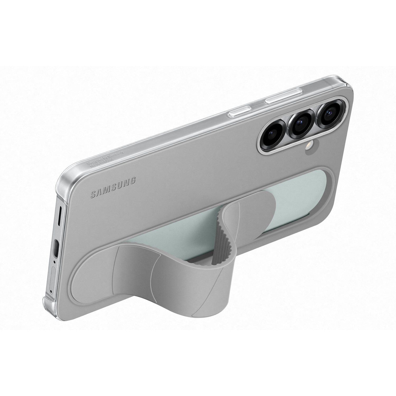 Zilveren telefoonhoesje met grip, camera's en Samsung logo.
