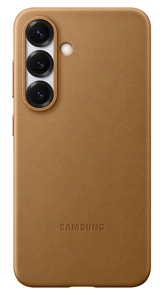 Brązowe skórzane etui Samsung z trzema obiektywami aparatu i logo Samsung.