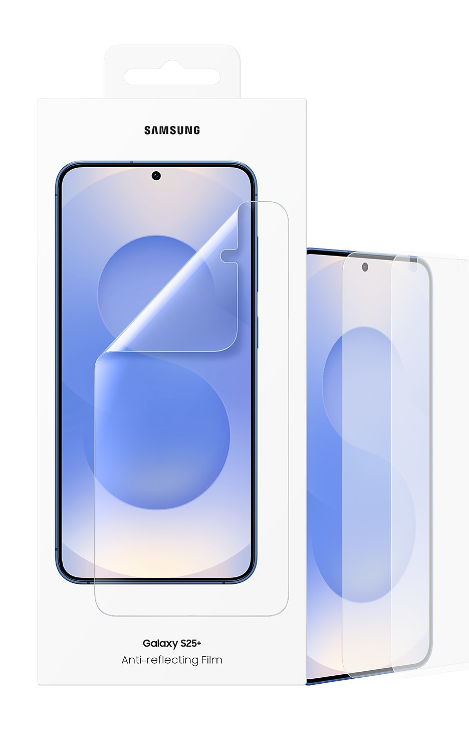Białe pudełko z ochroną ekranu Samsung Galaxy S25+ i telefonem z nałożoną folią.