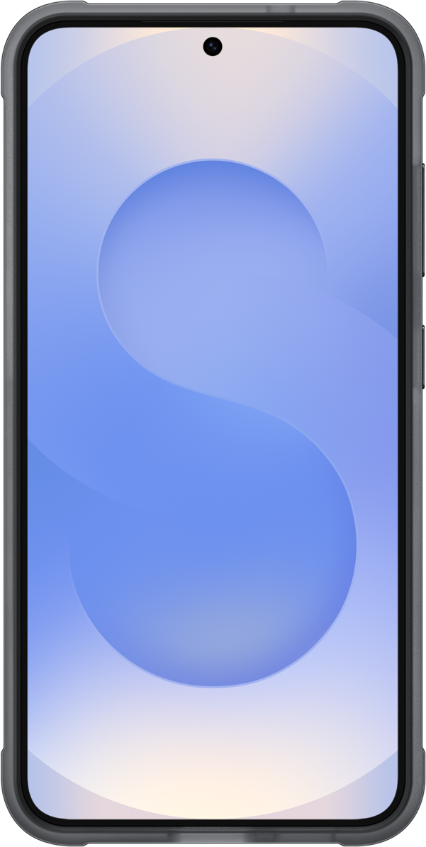 Telefono su sfondo bianco, che mostra un vortice blu, cornice nera.