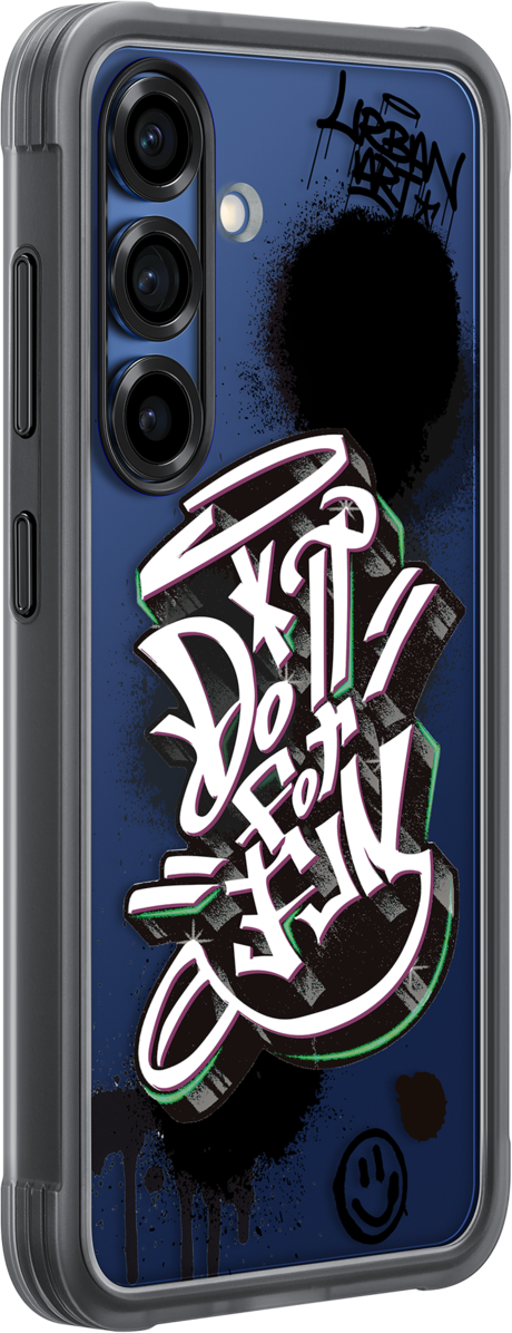 Custodia per telefono con graffiti e testo 'Do it for fun'. Sfondo blu scuro.