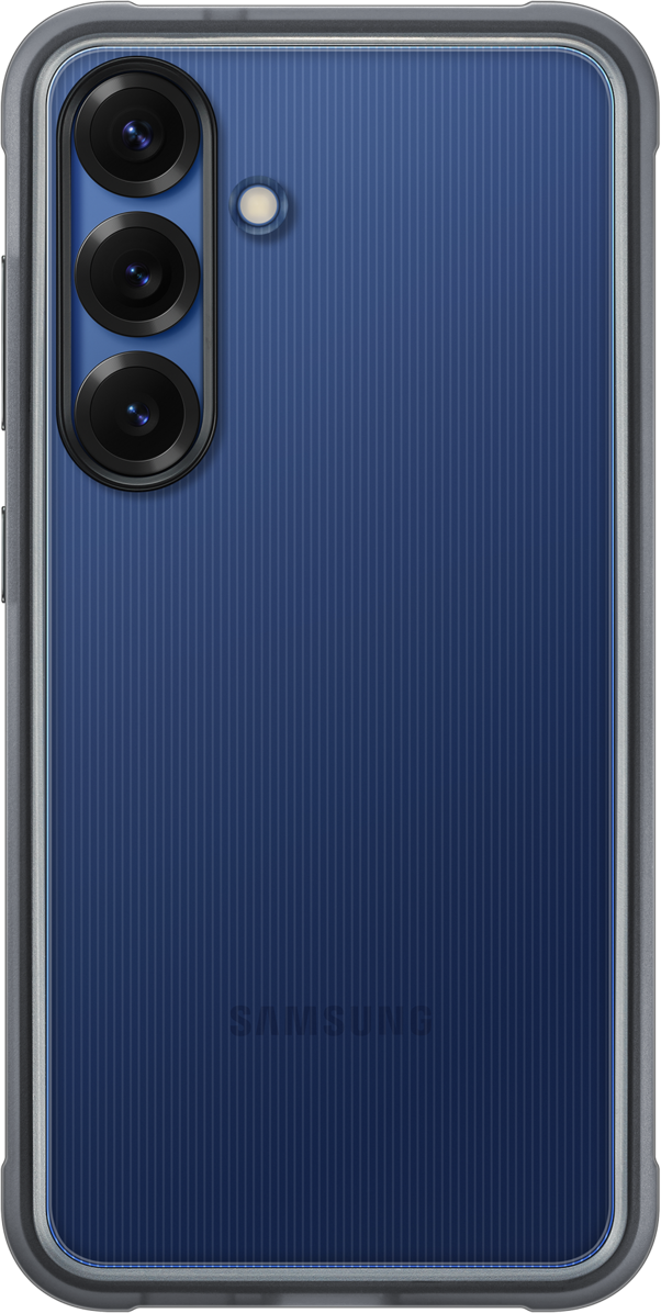 Telefono con retro blu navy, lenti della fotocamera e bordo argentato, su sfondo nero.