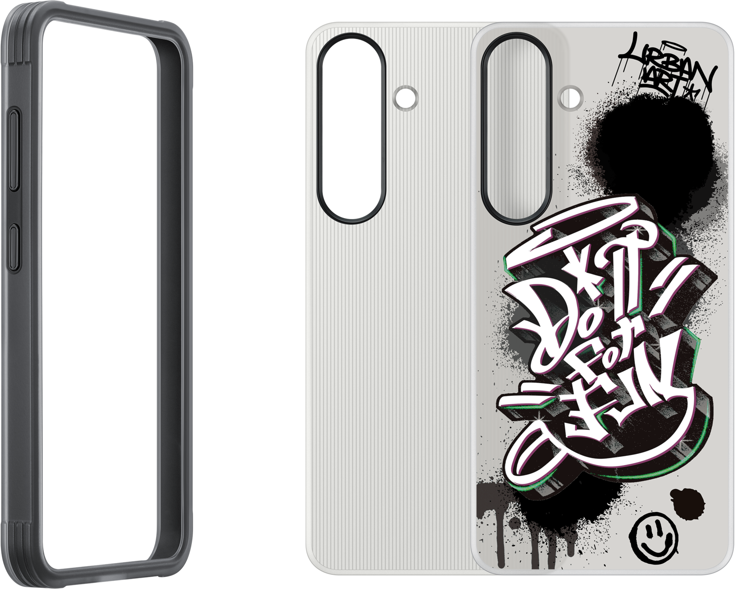 Una custodia per telefono nera è aperta, con graffiti all'interno, su sfondo bianco.