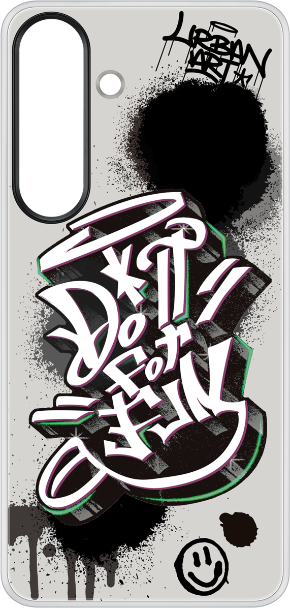 Una custodia per telefono con testo in stile graffiti, schizzi di vernice nera e una faccina sorridente.
