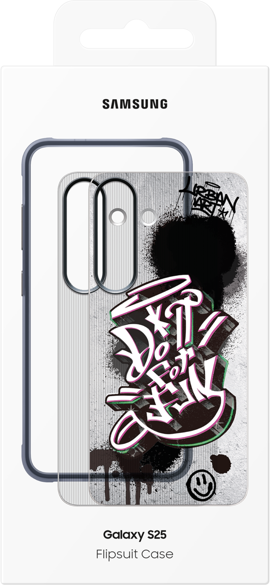 Confezione custodia telefono con design graffiti e logo Samsung.