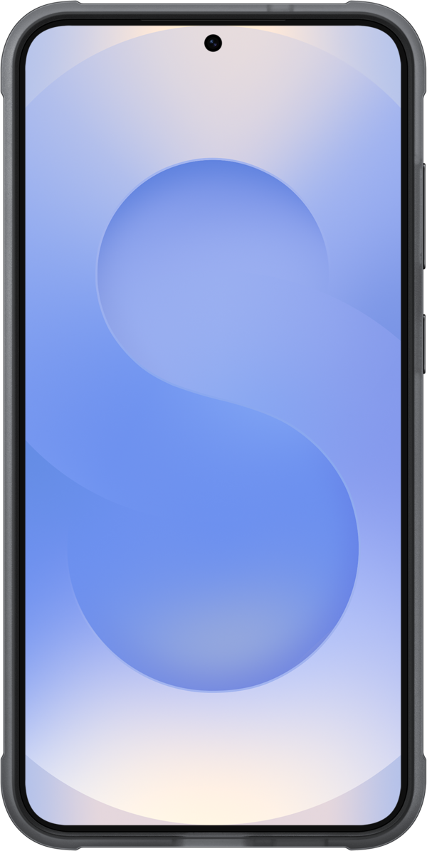 Schermo smartphone con design blu e bianco con la lettera 'S' sullo schermo.