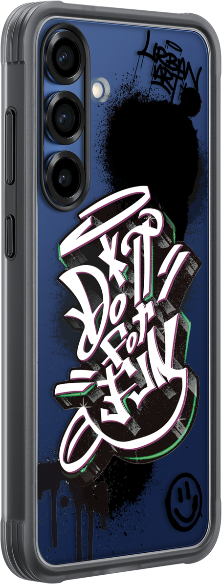 Custodia per telefono nera e grigia con graffiti. La custodia ha uno sfondo blu scuro con testo bianco.
