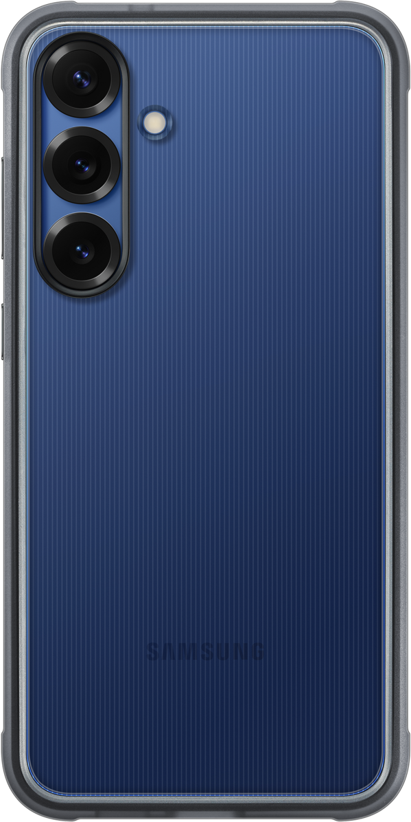 Una custodia trasparente per telefono con un motivo blu strutturato e il logo Samsung sul retro.
