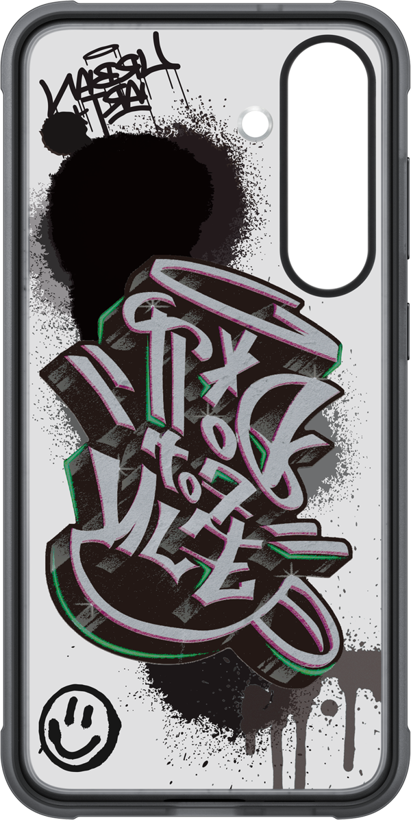 Custodia per telefono con arte graffiti, con colori nero, grigio e verde.