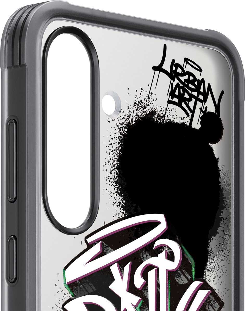 Primo piano di una custodia per telefono con arte graffiti.