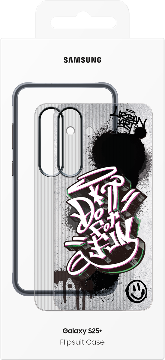 Custodia per telefono in una scatola, con design di arte graffiti. Design in bianco e nero e testo 'Galaxy S25+'.
