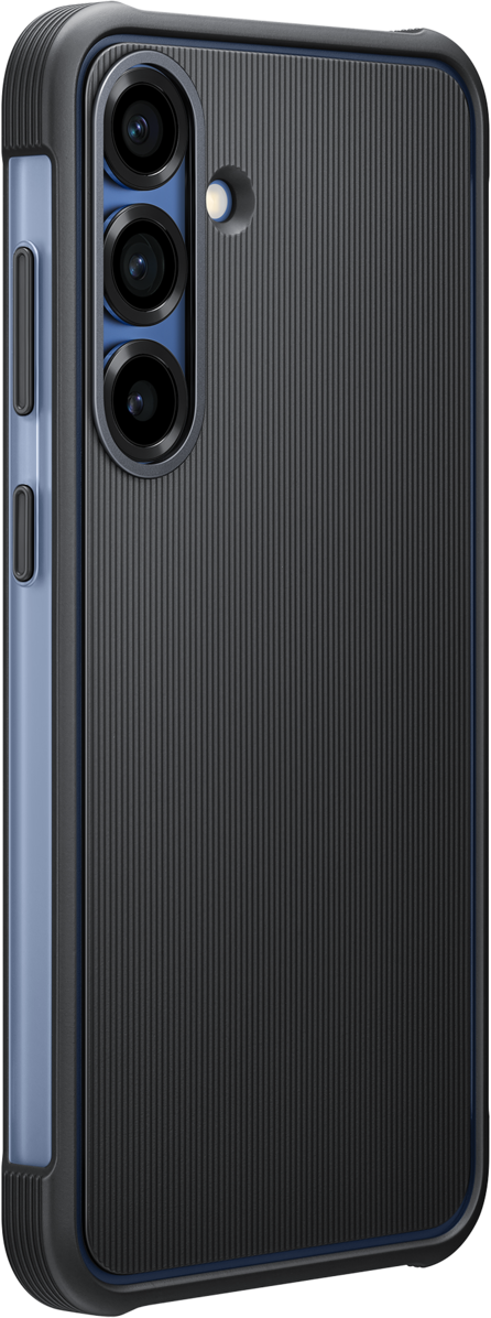 Custodia per telefono nera e blu. Ha lenti della fotocamera. Linee verticali per il retro.