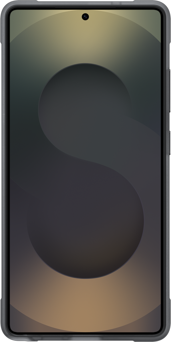 Schermo del telefono mostra un design a 'S' scuro. Cornice grigia. Sfondo nero.